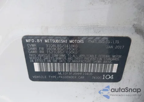 2017 Mitsubishi Mirage Es z USA, uszkodzony, nr VIN ML32F3FJ6HHF19405